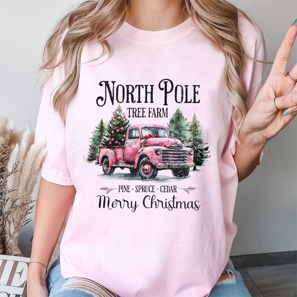 Vintage Pink Truck Christmas Shirt, North Pole Tree Farm T-Shirt, Retro Holiday Graphic Tee, Adorable Farmhouse Winter T-Shir