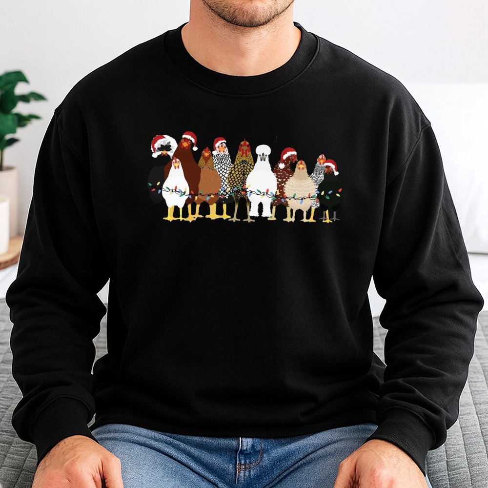 Festive Farm Animal Holiday Lights Graphic Crewneck, Christmas Chicken Sweatshirt, Adorable Winter Pullover, Chicken Lover Pr