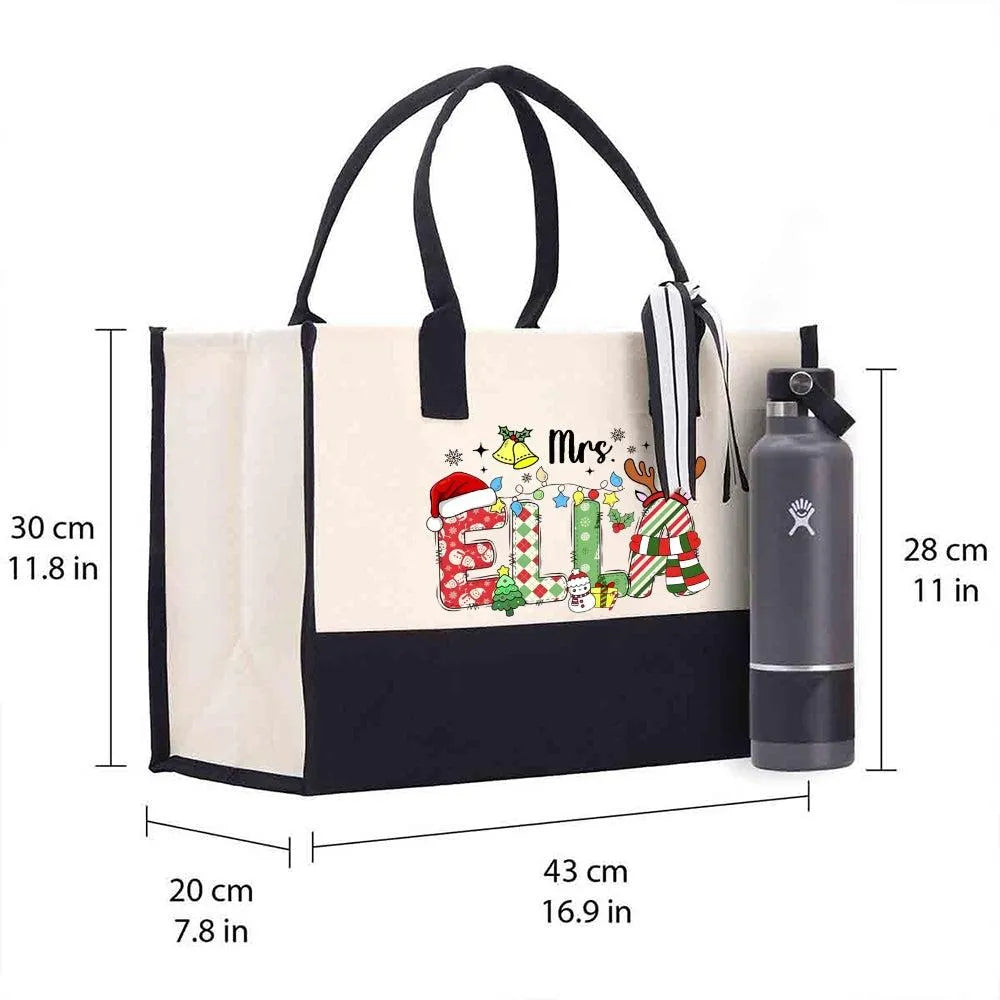 Custom Name Snowflake Holiday Tote Bag, Personalized Christmas Tote Bag, Winter Xmas Cotton Tote Bag, Festive Shopper, Presen