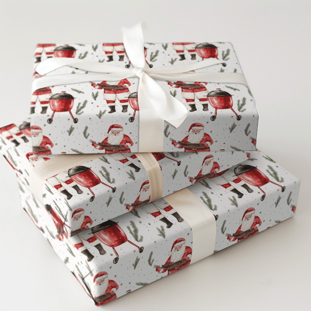 Humorous Grilling Santa Wrapping Paper, BBQ Santa Ribs Wrapping Paper, Red Kettle Grill Christmas Wrapping Paper, Holiday BBQ