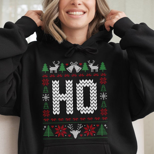 Humorous Holiday Graphic Hoodie, Ho Ho Ho Ugly Christmas Hoodie, Xmas Party Matching Couples Hoodie, Winter Season Hooded Swe