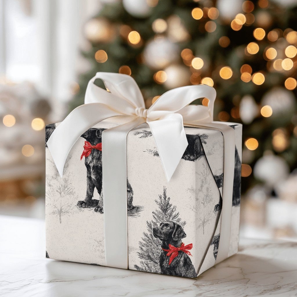 Vintage Dog Holiday Gift Wrap, Black Labrador Christmas Wrapping Paper, Retro Lab Pine Tree Wrapping Paper, Pet Lover Gift Wr