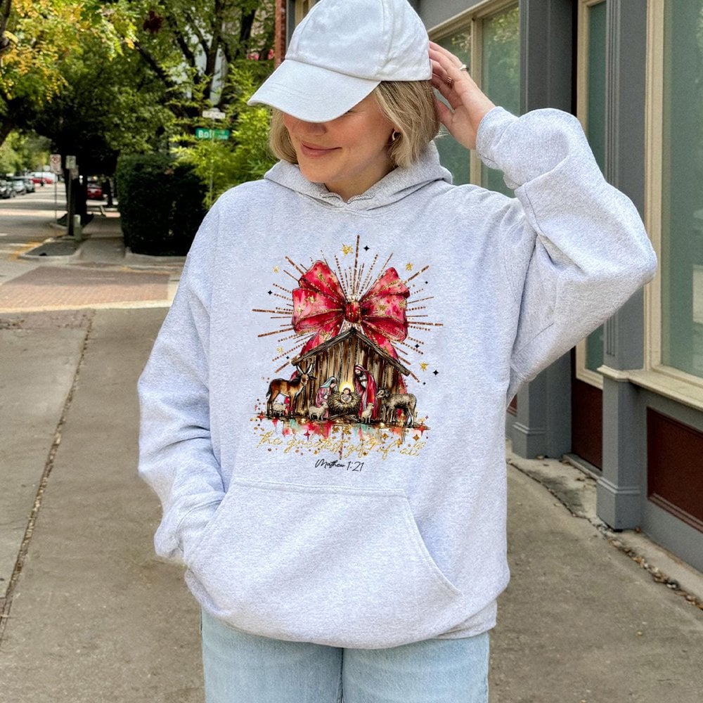 Christian Christmas Scene Pullover, The Greatest Present of All Nativity Hoodie, Jesus Birth Scripture Hooded Sweatshirt, Rel