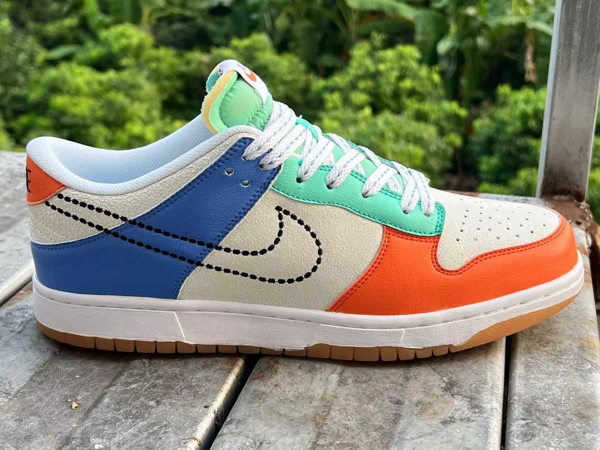 Low Top Sneakers, Blue Orange White Colorway, Lace Up Design, Casual Gift for Sneaker Fans