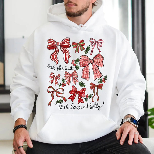 Deck the Halls with Bows and Holly Sweatshirt, Retro Christmas Hoodie, Coquette Holiday Hoodie, Adorable Xmas Hooded Sweatshi