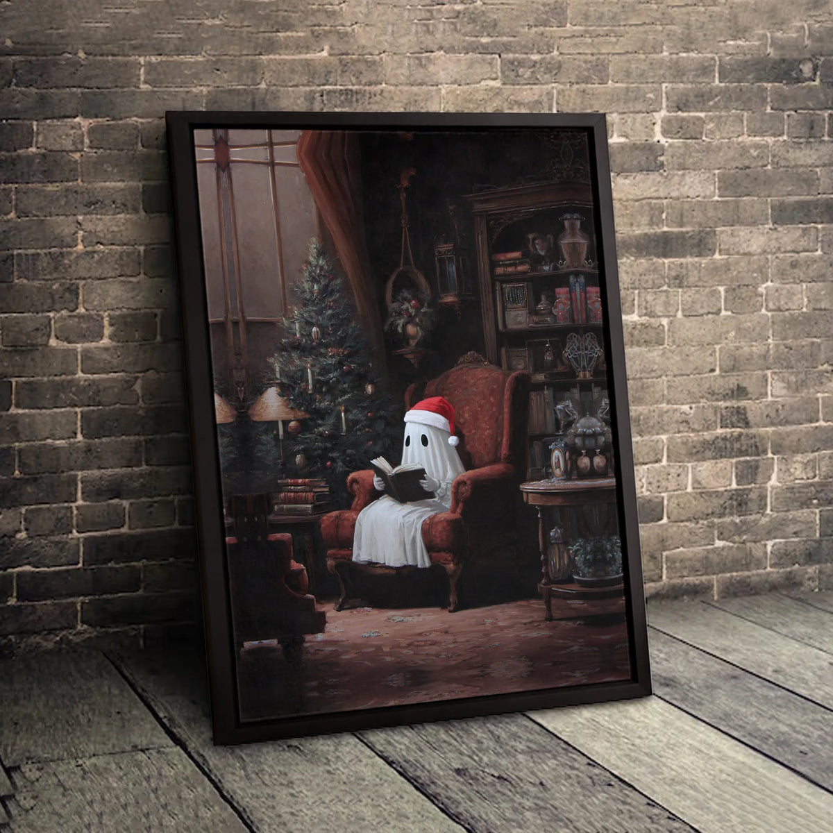 Adorable Santa Hat Ghost Wall Art, Christmas Ghost Reading Book Canvas, Comfy Holiday Canvas Print, Spooky Xmas Wall Art, Boo