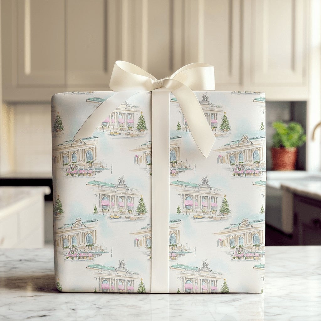 Watercolor New York Christmas Wrapping Paper, NYC Grand Central Gift Wrap, Snowy City Yellow Cab Gift Wrapping Paper, Holiday