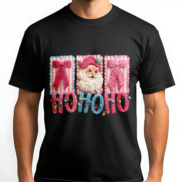 Faux Yarn Stitched Santa Shirt, Pink Santa Claus T-Shirt, Festive Ho Ho Ho Graphic Tee, Retro Pink Christmas Tee, Holiday Pre