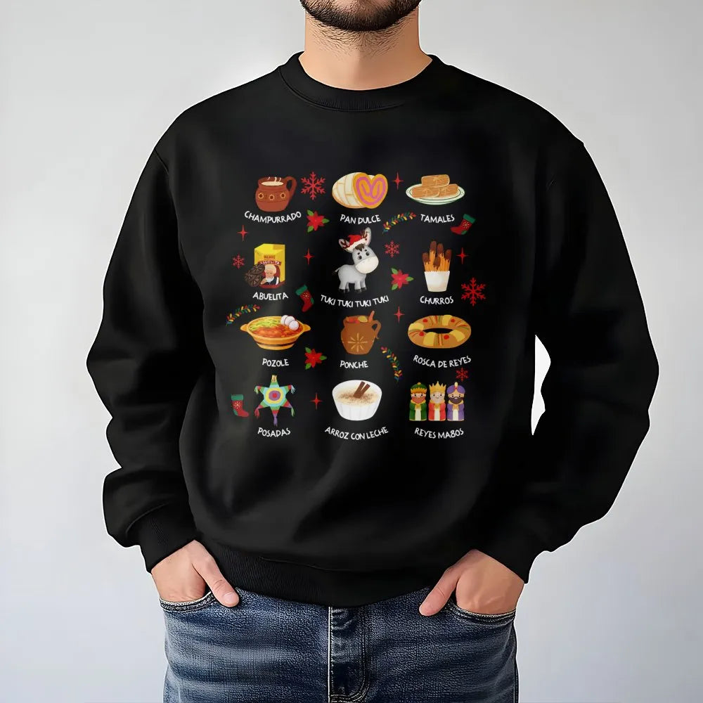 Traditional Holiday Food Sweatshirt, Mexican Christmas Sweatshirt, Latina Festive Holiday Crewneck, Mexican Food Christmas Sw