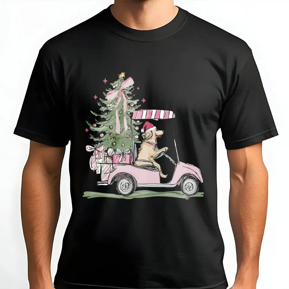 Golf Cart Holiday Dog Shirt, Christmas Golden Retriever T-Shirt, Adorable Xmas Retriever Graphic Tee, Humorous Dog Lover Shir
