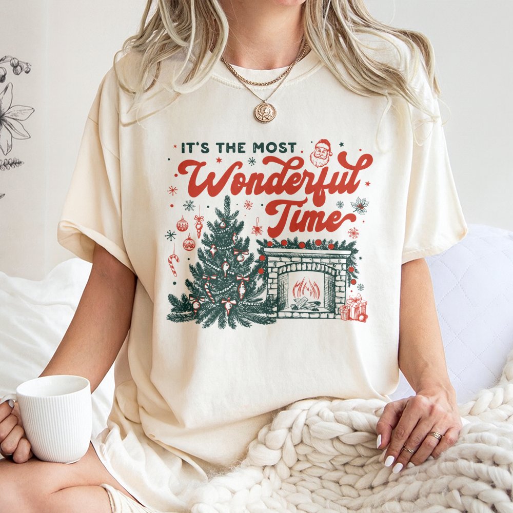 Retro Holiday Fireplace Shirt, It's the Most Wonderful Time Christmas T-Shirt, Comfy Xmas Aesthetic Tee, Festive Family Holid