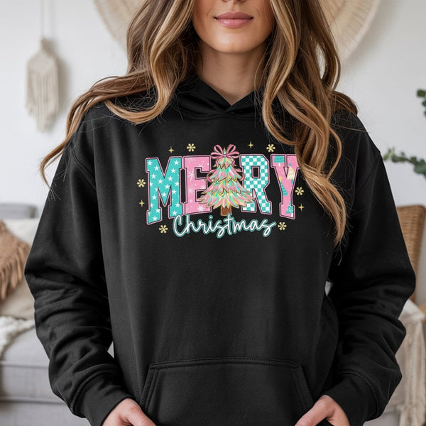 Aesthetic Merry Christmas Pullover, Pastel Checkered Tree Christmas Hoodie, Adorable Pastel Tree Graphic Hoodie, Holiday Wint