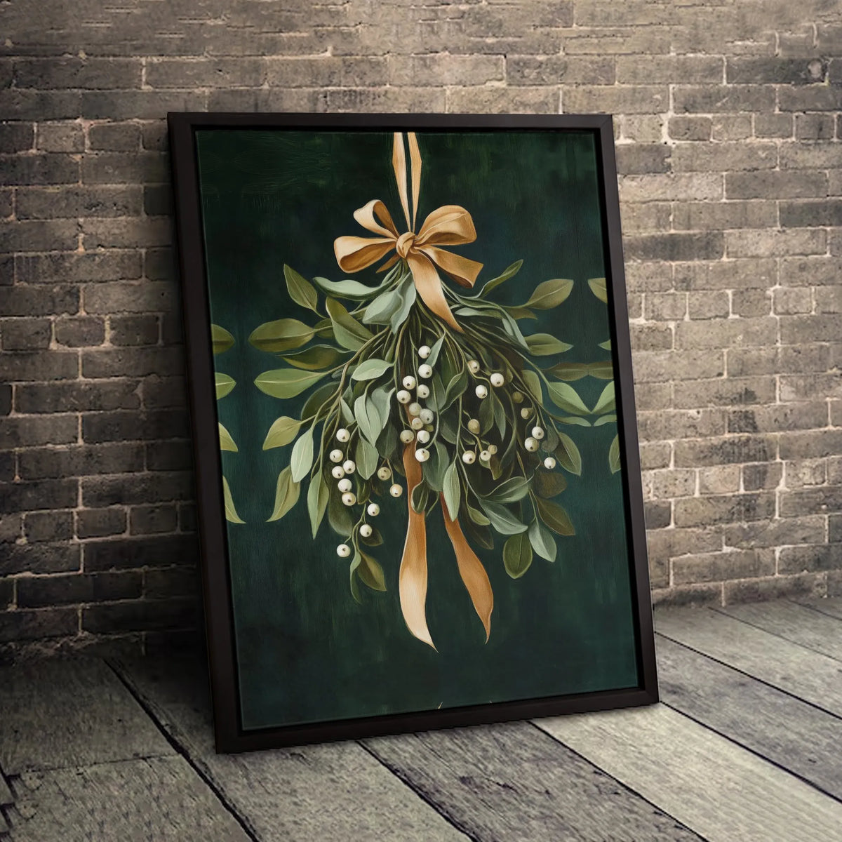 Botanical Christmas Canvas Print, Festive Mistletoe Canvas Wall Art, Holiday Greenery Wall Decor, Winter Gold Bow Canvas, Hol