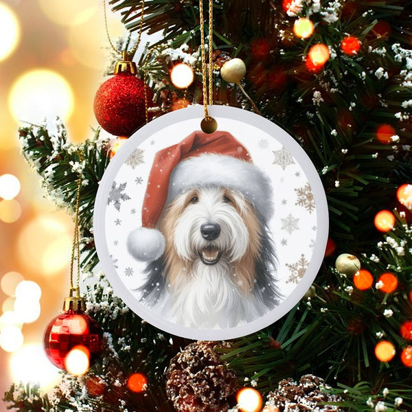 Santa Hat Dog Portrait Ornament, Bearded Collie Christmas Ornament, Ceramic Holiday Tree Keepsake Decor, Beardie Lover Xmas P