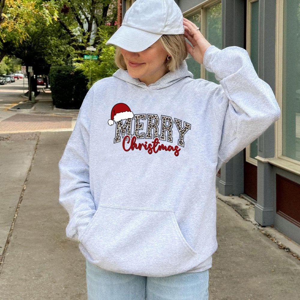 Leopard Print Santa Hat Sweatshirt, Merry Christmas Hoodie, Adorable Festive Holiday Hooded Pullover, Comfy Winter Xmas Seaso