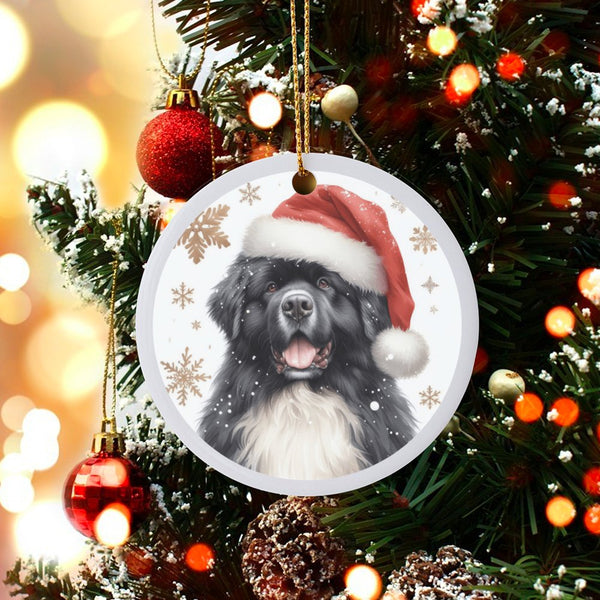 Santa Hat Dog Christmas Ornament, Newfoundland Dog Ceramic Ornament, Adorable Pet Holiday Tree Ornament, Puppy Keepsake, Pres