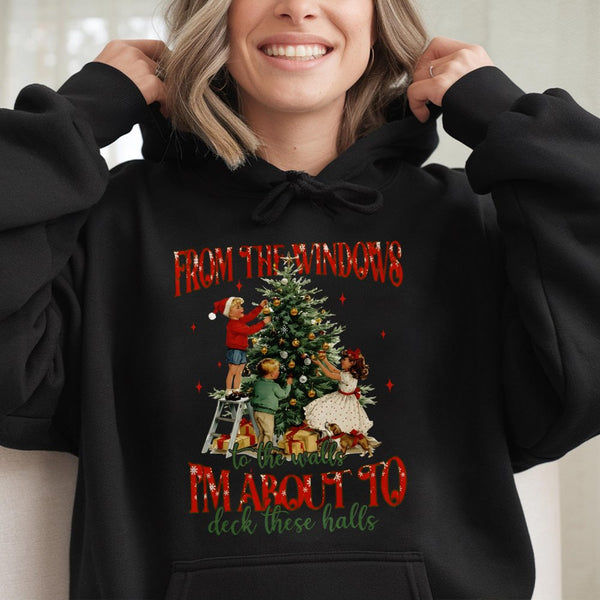 Retro Christmas Holiday Sweatshirt, Humorous Deck the Halls Hoodie, Adorable Xmas Humor Hooded Pullover, Festive Winter Graph