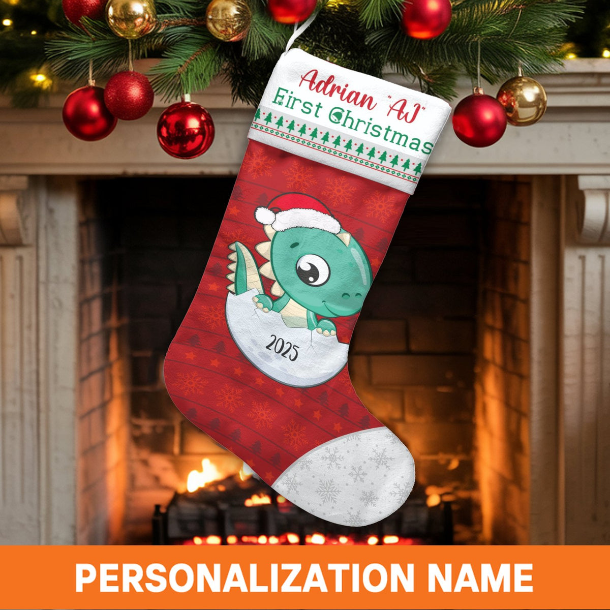 Custom First Christmas Stocking 2025, Baby Dinosaur Christmas Stocking, Kids Holiday Stocking, Adorable Dino Mantel Decor, Pe