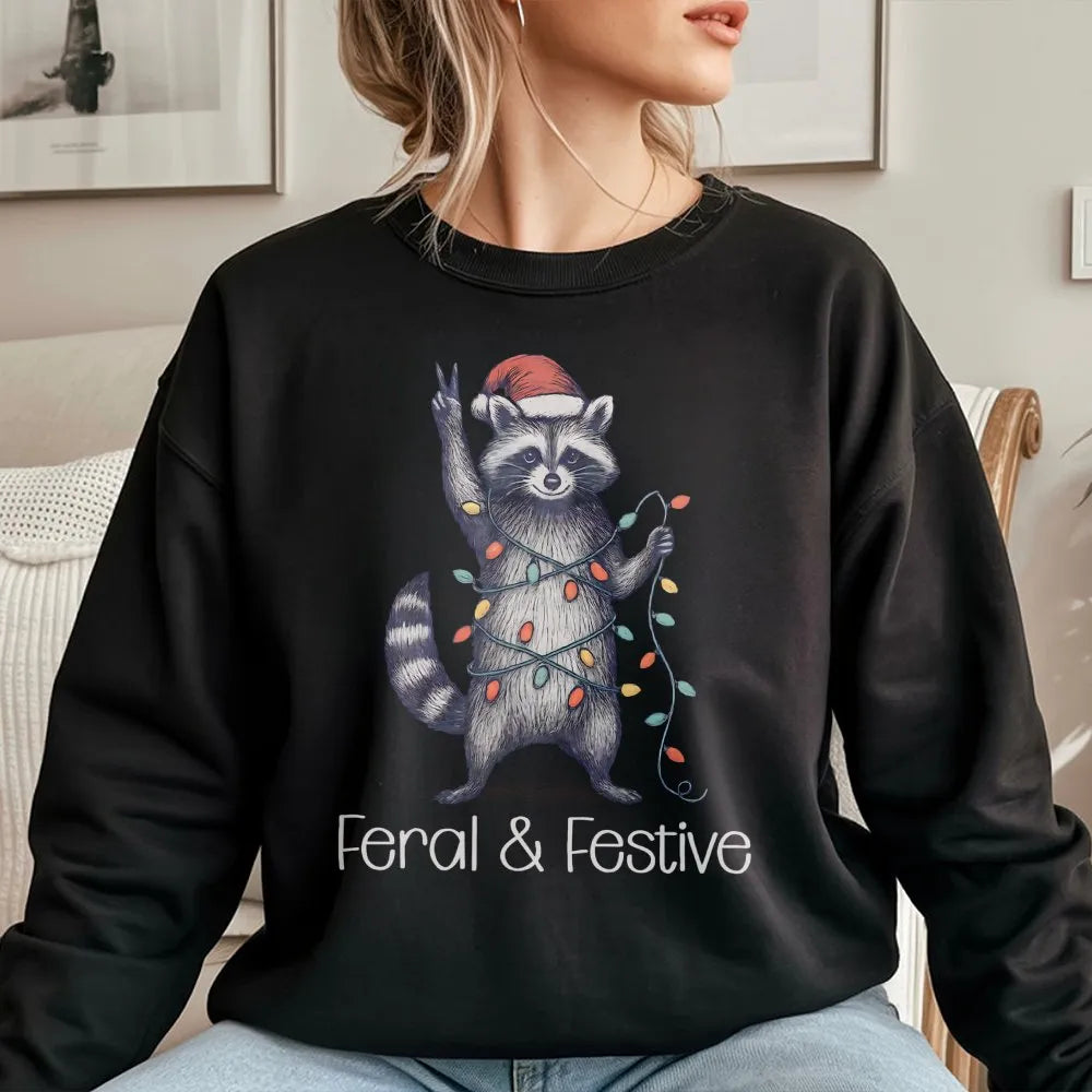 Humorous Woodland Animal Holiday Sweater, Feral and Festive Raccoon Christmas Sweatshirt, Retro Trash Panda Xmas Pullover Pre