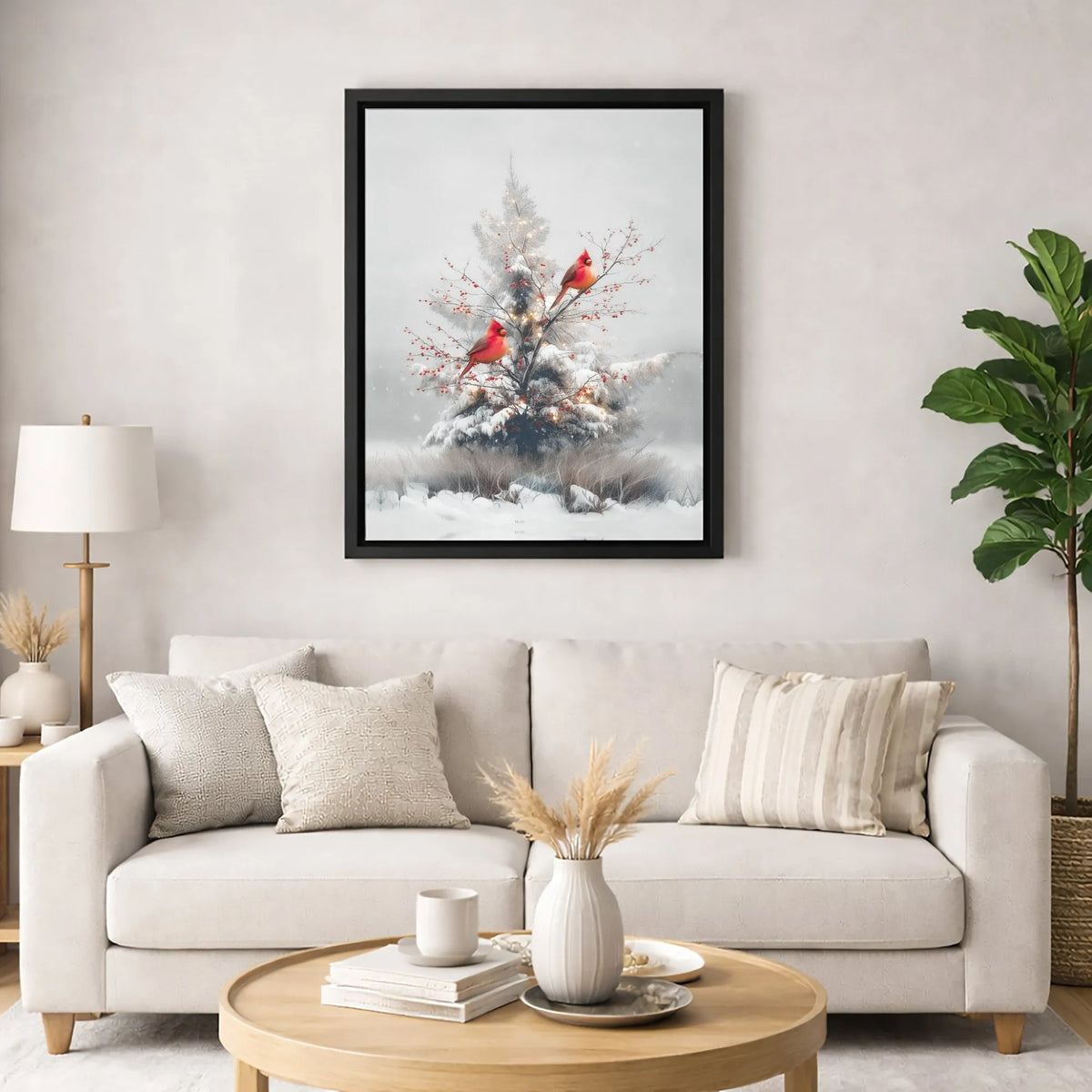 Snowy Winter Pine Tree Canvas, Red Cardinal Canvas Wall Art, Cardinal with Red Berries Canvas Print, Christmas Holiday Season