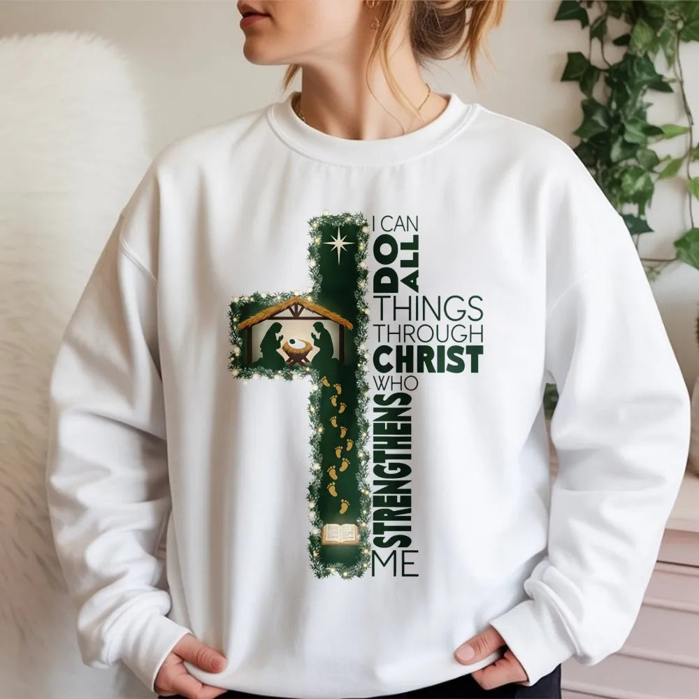 Nativity Cross Sweatshirt, I Can Do All Things Through Christ Sweatshirt, Christian Bible Verse Crewneck, Faith Christmas Swe