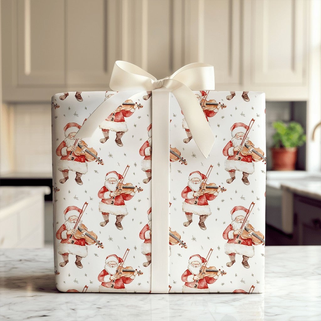 Musical Christmas Gift Wrap, Watercolor Santa Violin Wrapping Paper, Violinist Holiday Present Paper, Festive Xmas Gift Wrap
