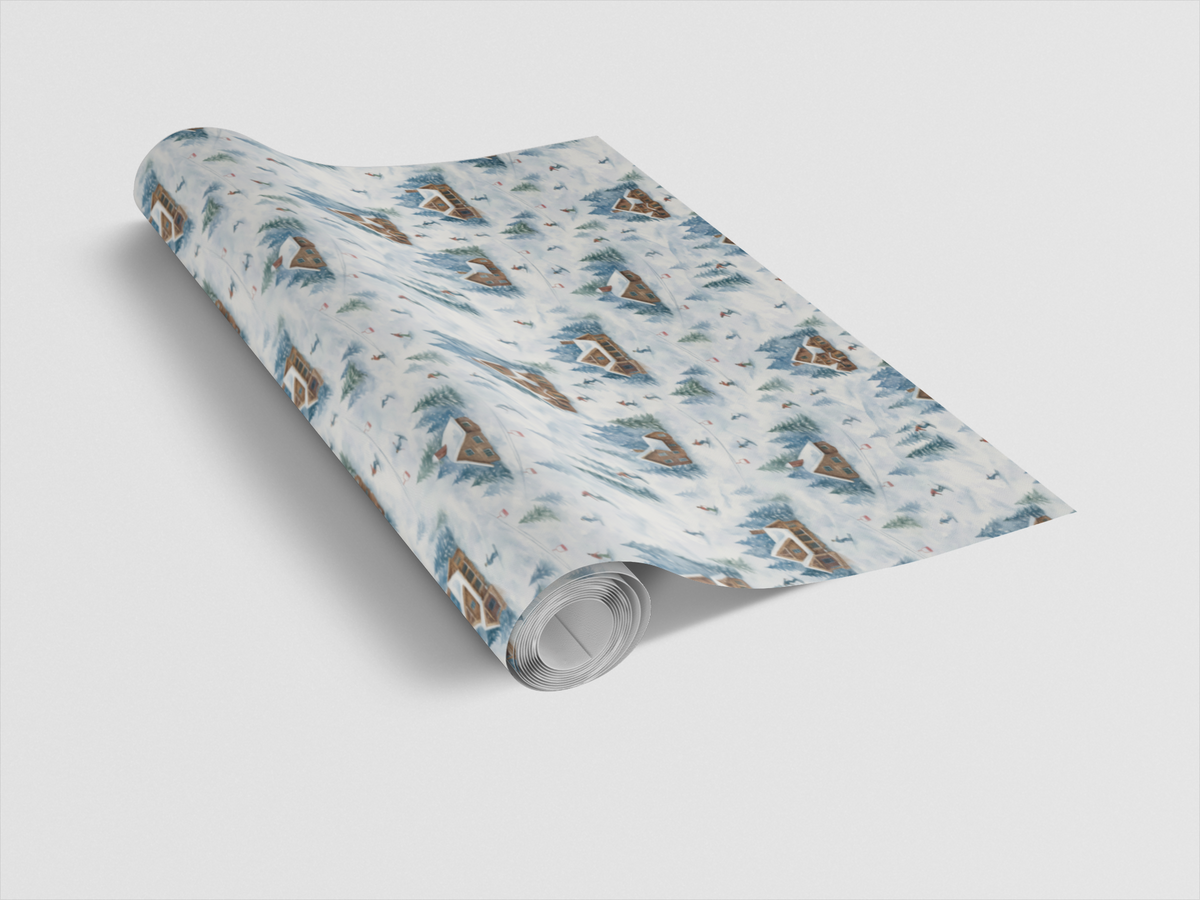 Alpine Ski Lodge Gift Wrap Paper, Snowfall Chalet Winter Wrapping Paper, Mountain Cabin Present Wrapping, Christmas Holiday G