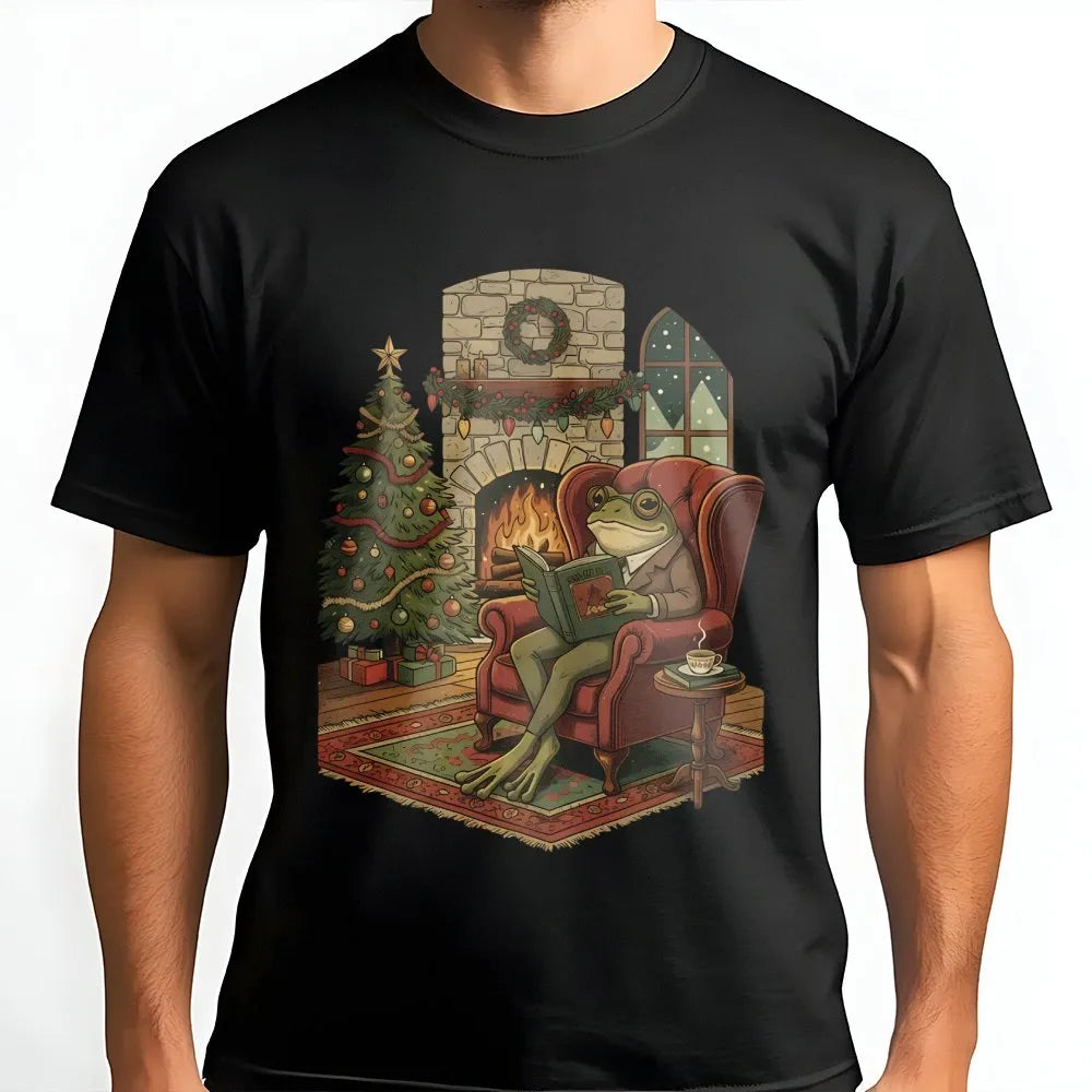 Adorable Toad Bookworm Shirt, Comfy Christmas Frog Reading Book T-Shirt, Book Lover Holiday Graphic Tee, Reader Christmas Gra