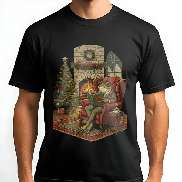 Adorable Toad Bookworm Shirt, Comfy Christmas Frog Reading Book T-Shirt, Book Lover Holiday Graphic Tee, Reader Christmas Gra
