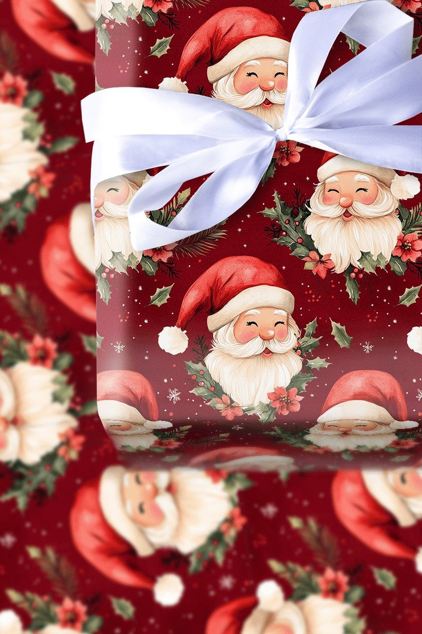 Vintage Christmas Gift Wrap, Jolly Santa Claus Wrapping Paper, Winking Santa Holiday Wrapping Paper, Red Poinsettia Gift Wrap