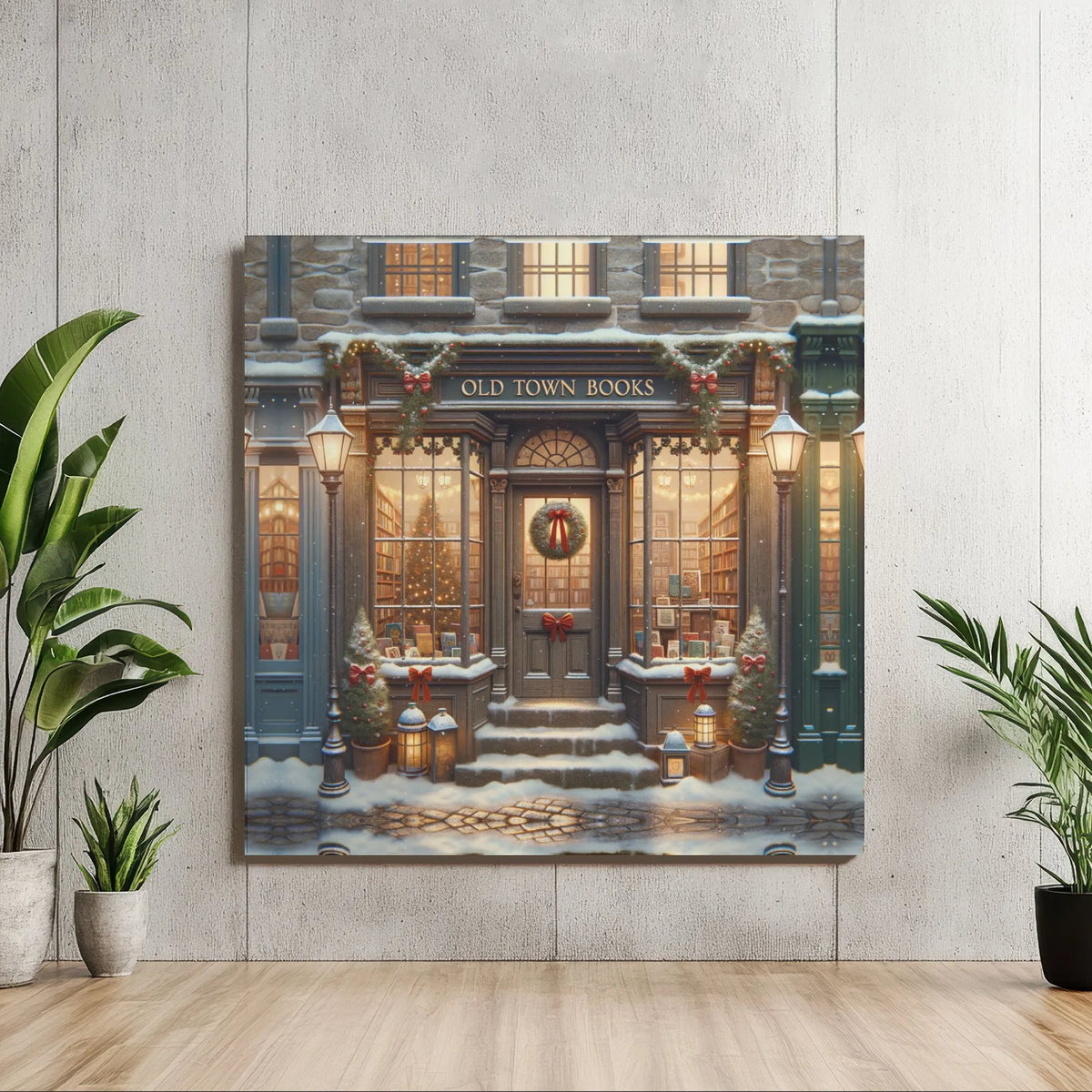 Snowy Winter Village Bookshop Painting Print, Christmas Bookstore Square Canvas Art, Comfy Holiday Book Lover Canvas Wall Art