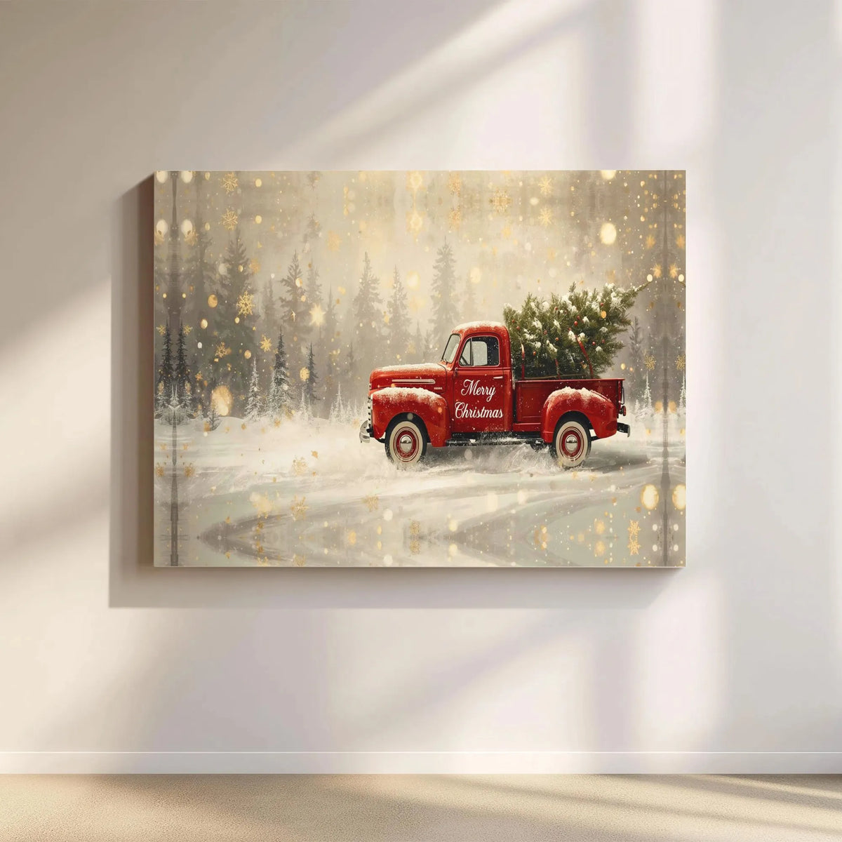 Snowy Winter Forest Tree Canvas Printable, Christmas Red Truck Digital Download, Rustic Farmhouse Xmas Wall Decor, Holiday Ar