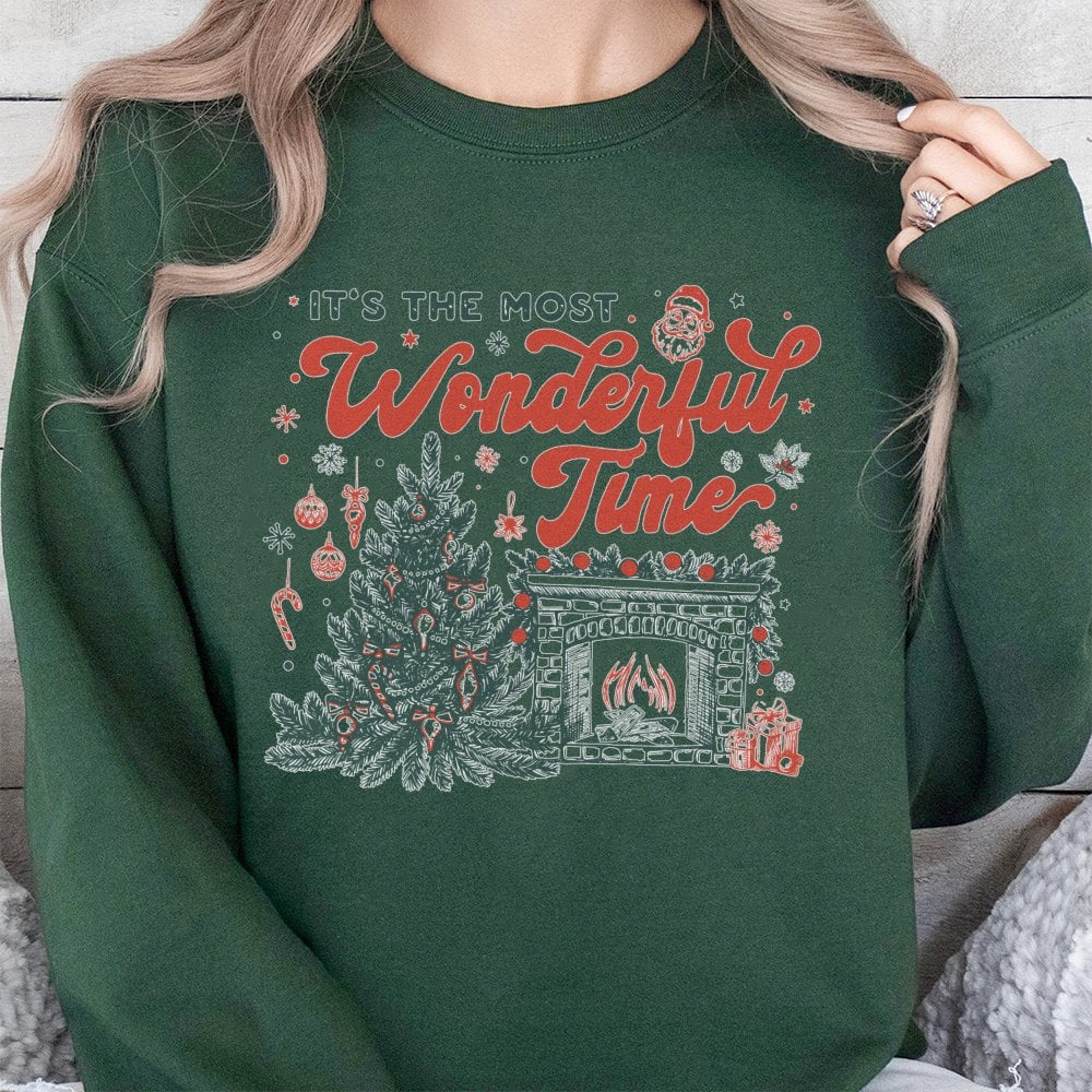 Retro Christmas Tree Sweatshirt, Most Wonderful Time Sweatshirt, Comfy Fireplace Holiday Sweatshirt, Vintage Xmas Tree Crewne