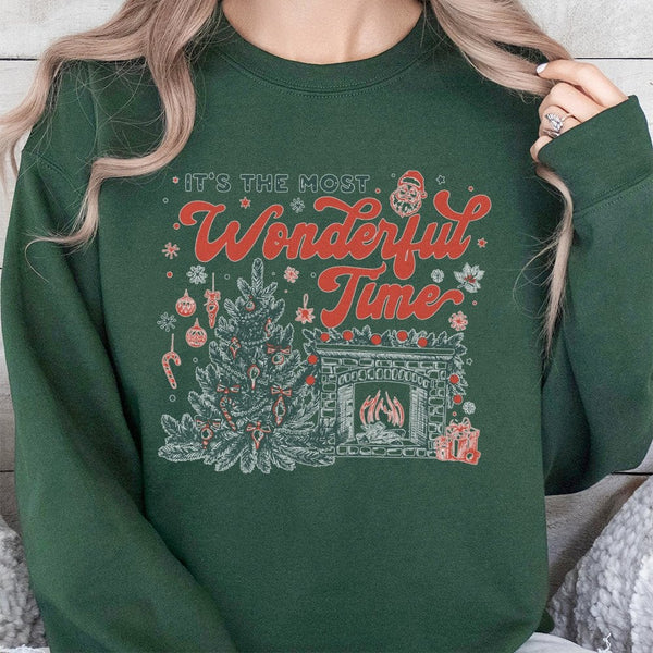 Retro Christmas Tree Sweatshirt, Most Wonderful Time Sweatshirt, Comfy Fireplace Holiday Sweatshirt, Vintage Xmas Tree Crewne