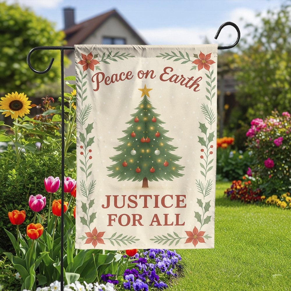 Christmas Tree Floral Yard Flag, Peace on Earth Justice for All Garden Flag, Poinsettia Holiday Garden Flag, Festive Outdoor 