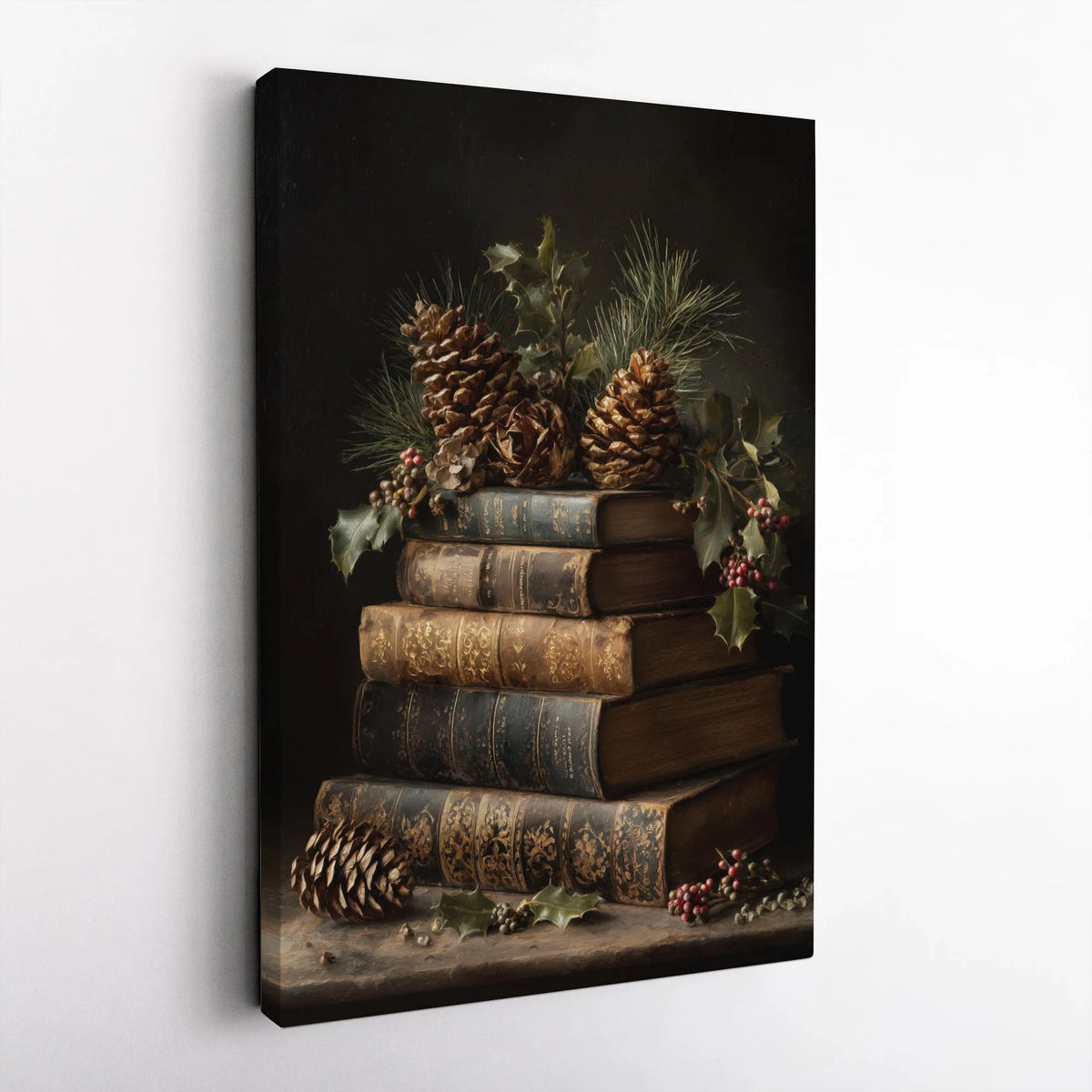Christmas Holly Canvas Print, Vintage Book Stack Canvas Wall Art, Holiday Still Life Wall Decor, Comfy Winter Bookish Home De