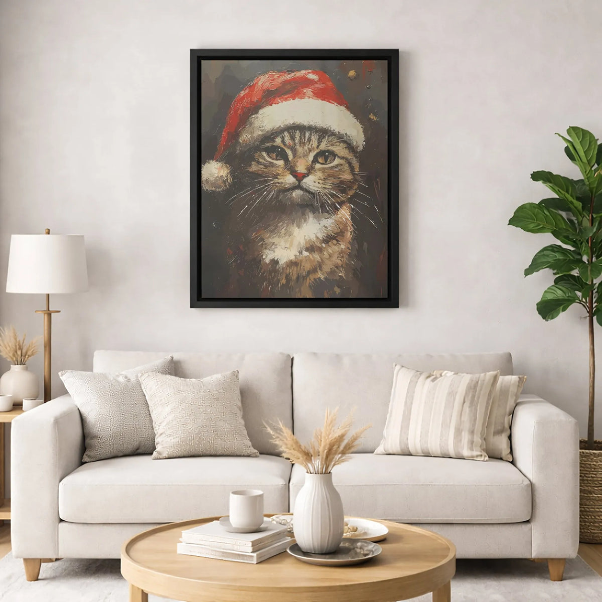 Tabby Cat in Santa Hat Print, Christmas Cat Wall Art, Festive Holiday Pet Canvas Art, Comfy Winter Wall Decor, Cat Lover Digi