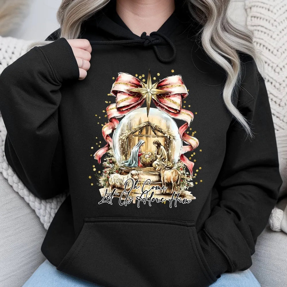 Oh Come Let Us Adore Him Sweatshirt, Nativity Scene Hoodie, Christian Christmas Scripture Pullover, Religious Holiday Apparel