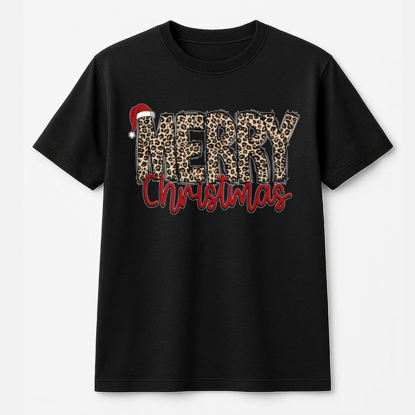 Santa Hat Holiday Shirt, Leopard Print Merry Christmas T-Shirt, Retro Xmas Graphic Tee, Festive Winter Holiday T-Shirt