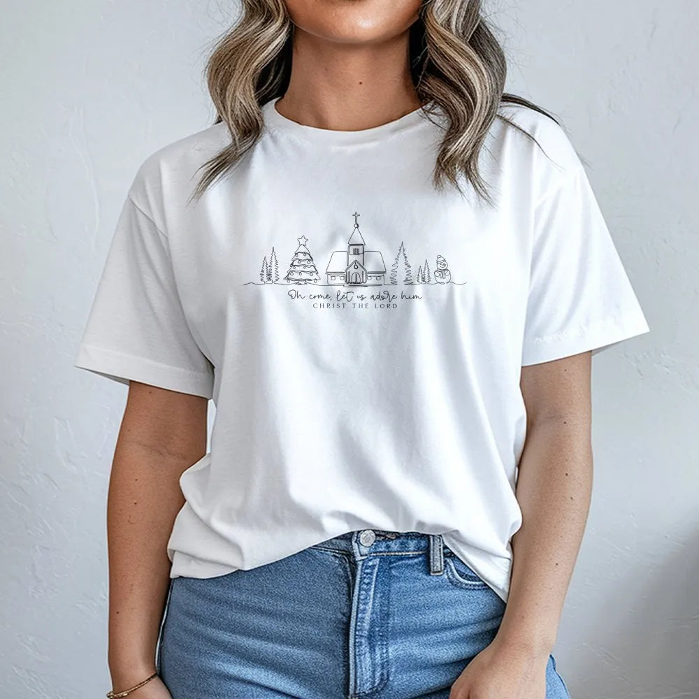 Minimalist Christmas Church T-Shirt, Oh Come Let Us Adore Him T-Shirt, Christian Faith Graphic Tee, Scripture Holiday Shirt, 