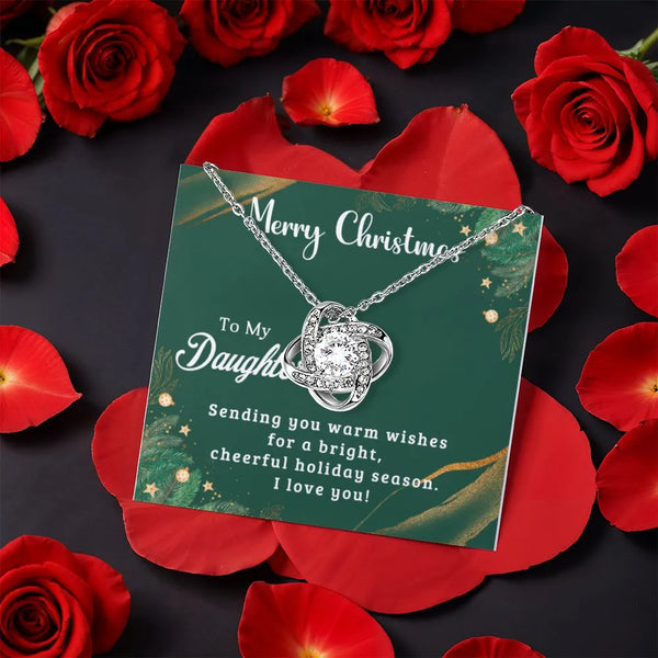 Christmas Present for Daughter, Daughter Love Knot Necklace, Sparkling CZ Pendant Necklace, Rotating Rose Box Jewelry, Love K