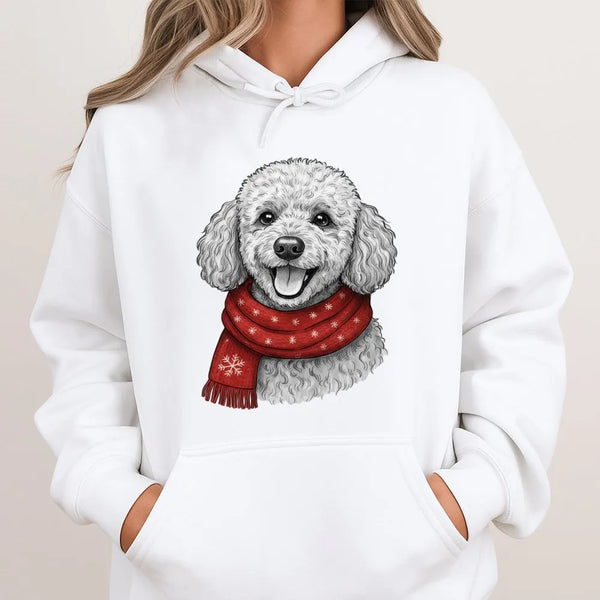 Festive Dog Scarf Sweatshirt, Poodle Christmas Hoodie, Adorable Puppy Winter Hooded Pullover, Retro Holiday Dog Lover Hoodie,