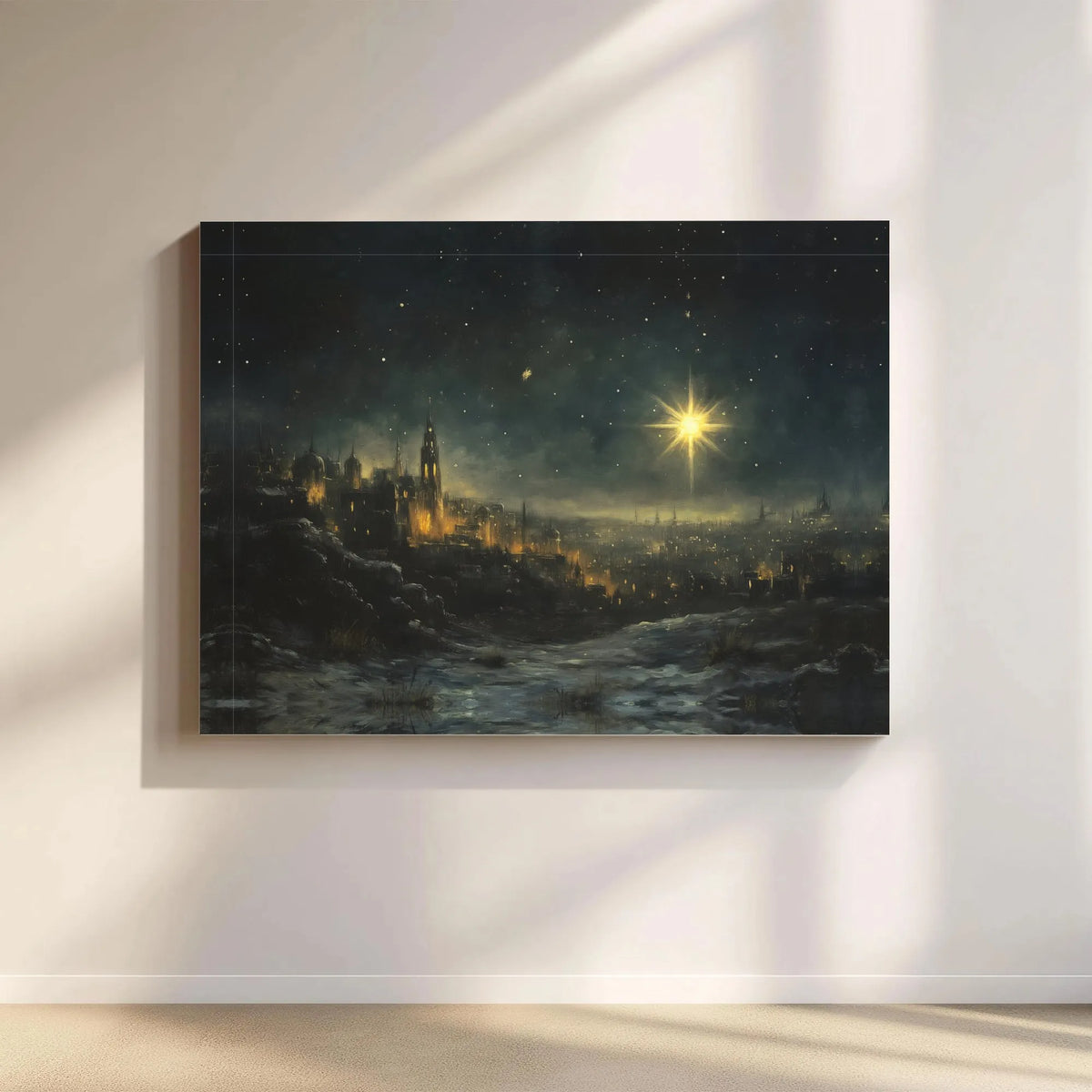 Nativity Night Landscape Poster, Star of Bethlehem Canvas Wall Art, Holy City Christian Canvas Print, Religious Christmas Dig