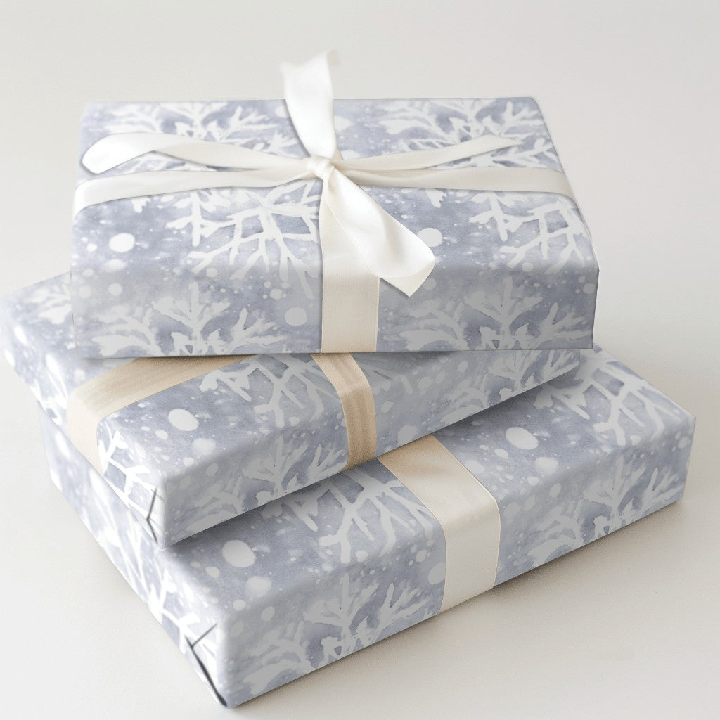 Watercolor Blue and White Christmas Gift Wrap, Winter Snowflake Wrapping Paper, Elegant Festive Wrapping Paper Roll, Holiday 