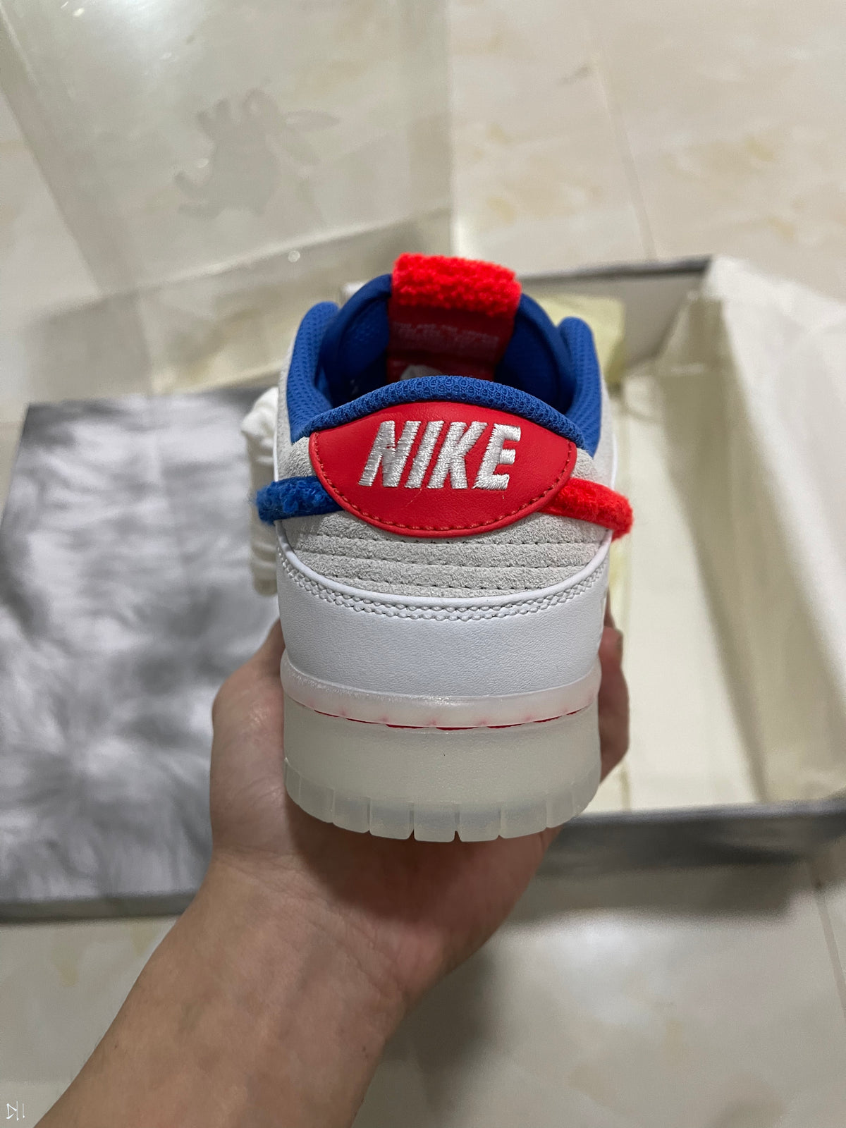 Low Top Sneakers, Blue White Red Colorway, Lace Up Design, Casual Gift for Sneaker Fans