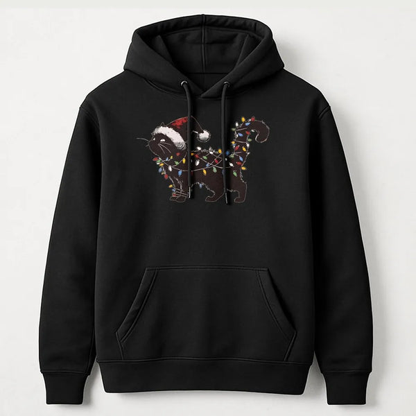 Black Kitty Santa Hat Holiday Hoodie, Cat Christmas Lights Hoodie, Adorable Xmas Cat Lover Hoodie, Festive Winter Hooded Swea