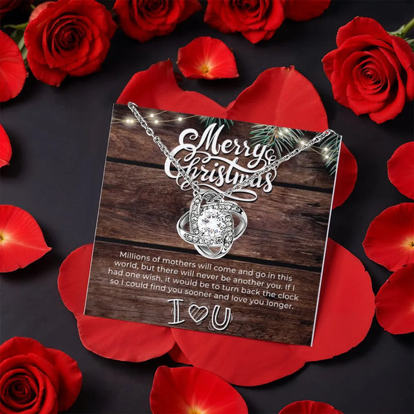 Merry Christmas Message Card Pendant, Love Knot Necklace for Mom, CZ Crystal Jewelry, Gold Finish Necklace