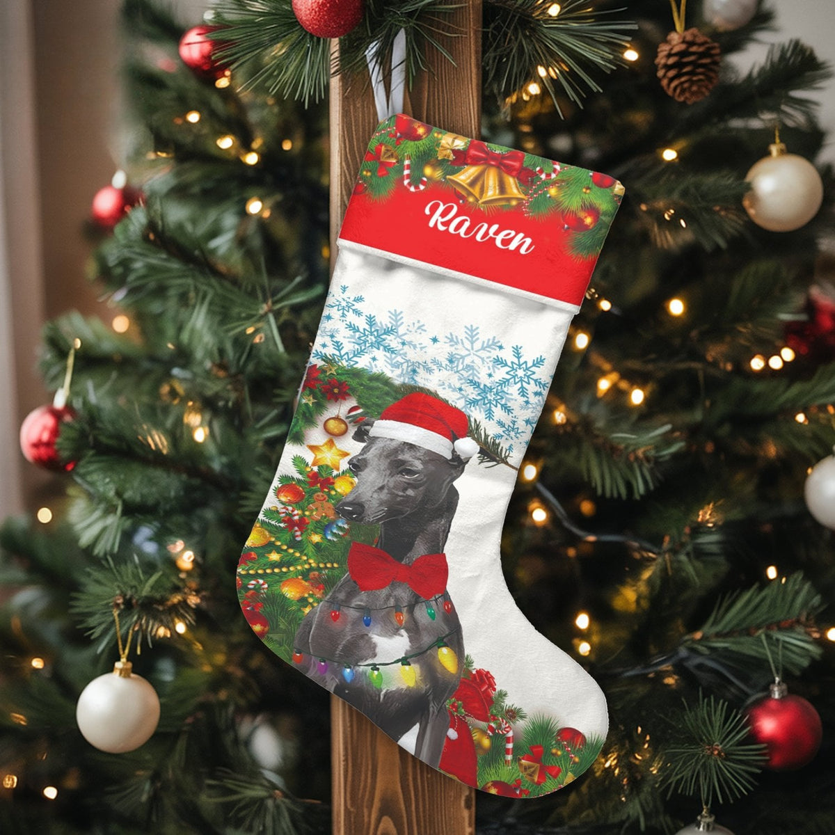 Custom Name Dog Lover Holiday Stocking, Personalized Greyhound Christmas Stocking, Adorable Sighthound Winter Stocking, Firep