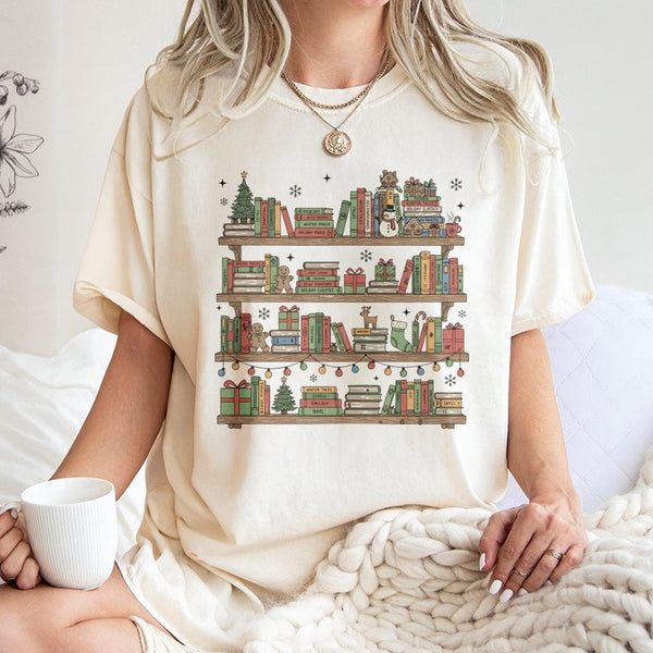 Holiday Book Lover Tee, Christmas Bookshelf T-Shirt, Festive Librarian Graphic Shirt, Reading Season Xmas Top, Bookish Reader