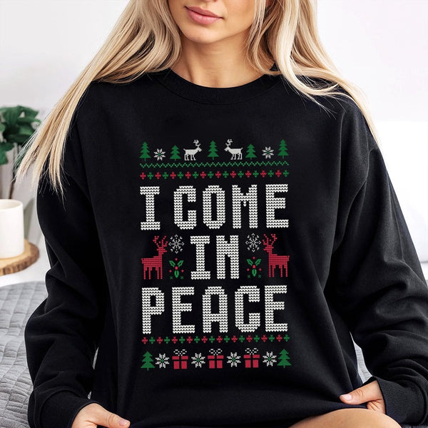 Humorous Alien Xmas Sweater, I Come in Peace Ugly Christmas Sweatshirt, Retro Sci Fi Holiday Pullover, Humorous Christmas Ali